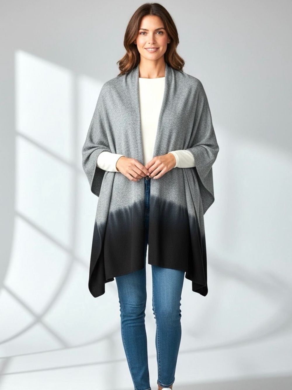 Neiman Marcus 100% Cashmere Ruana Wrap Poncho Gray Black Ombré One Size Luxury